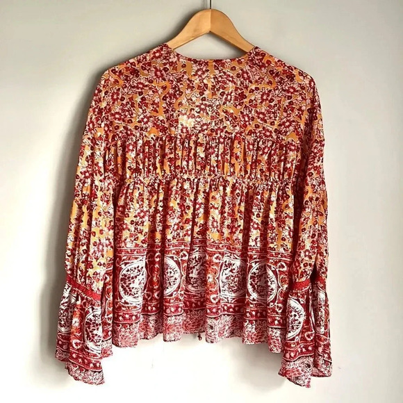 NWT FREE PEOPLE Lorraine Tie Front Kimono top In Mustard - Picture 4 of 7